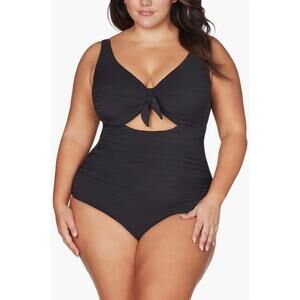 Artesands Plus Size 20 Black One Piece Swimsuit Tie Front Cutout Shelf Bra D/DD